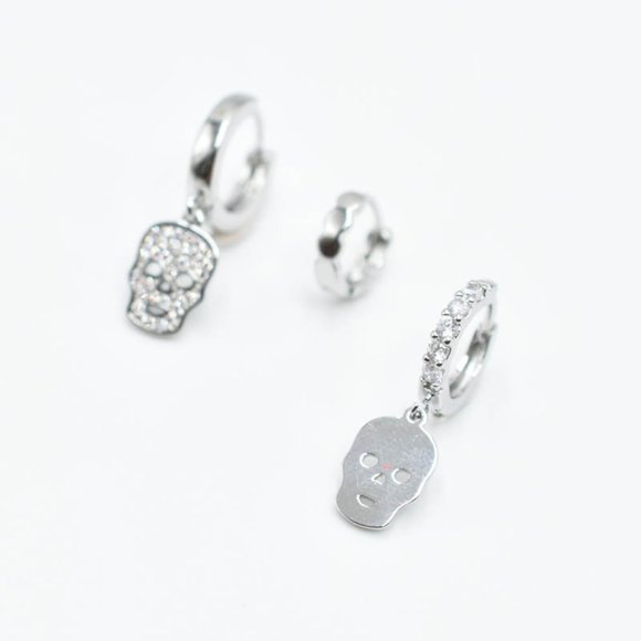 Pretty Bird Jewelry - Rhodium Plated Diamond Skull Earring Set of 3 Hoops